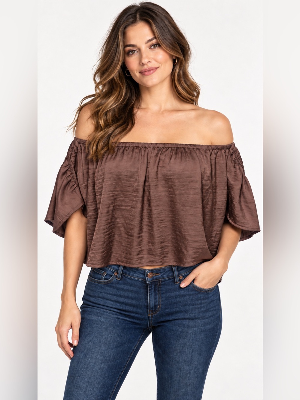 American Eagle Outfitters Off-Shoulder Satin Top in Taupe Brown